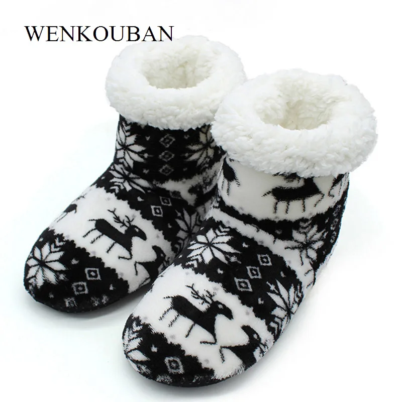 Зимняя обувь; женские домашние тапочки с рождественским оленем; домашние носки; Теплая обувь; Contton Bootie; тапочки с плюшевой флисовой стелькой; нескользящая подошва