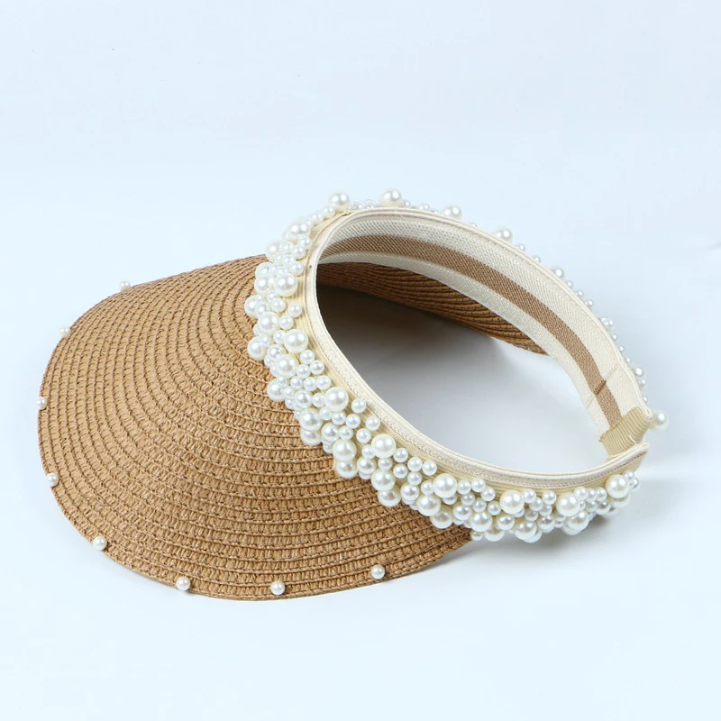 Sun Hat Women Summer Straw Visor Pearl Casual Beach Wide Brim Holiday Outdoor Cap Accessory (3)