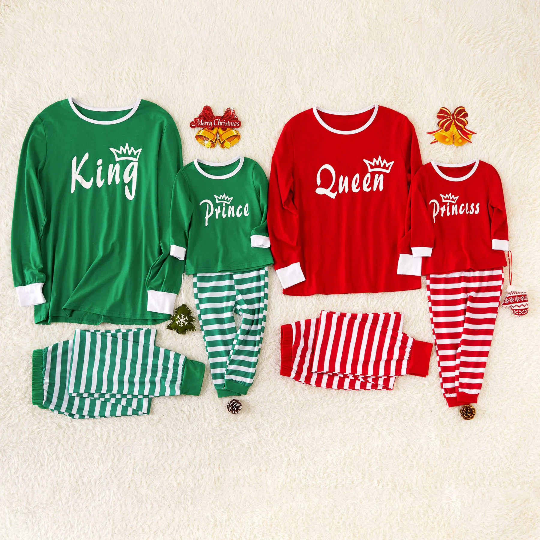 

Autumn and Winter New Parent-child Casual Christmas Letters Family Shirt Striped Pants Pajamas Suit Men's Green and Ladies Red