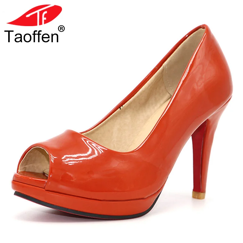 

TAOFFEN Free shipping news high heel peep toe shoes women dress footwear patent leather sexy pumps P3141 hot sale size 31-43