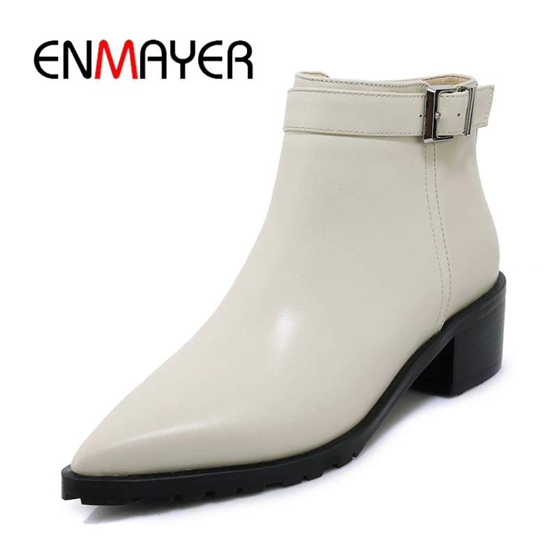 ENMAYER Pointed Toe Basic Genuine Leather Ankle Square Heel Zapatos De