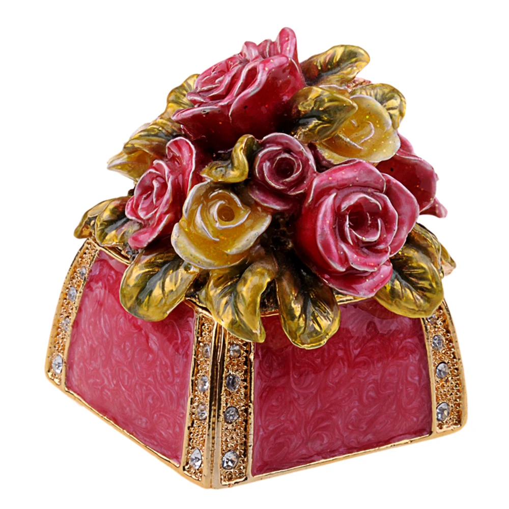 Rose Flower Bejeweled Crystal Trinket Jewelry Box Metal Arts Crafts