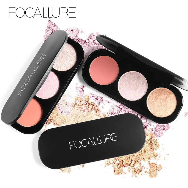 

FOCALLURE 3Colors Highlighter Palette Blush Brighten Makeup Pigmented Pressed Powder Illuminator Highlighter