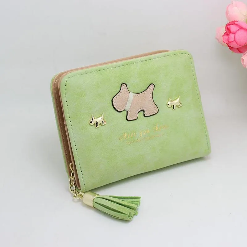 green Милый кошелек с рисунком собаки из мультфильма, кожаные женские кошельки, свежий дизайн на молнии с кисточкой, высокое качество, женский клатч, кошелек - Цвет: green