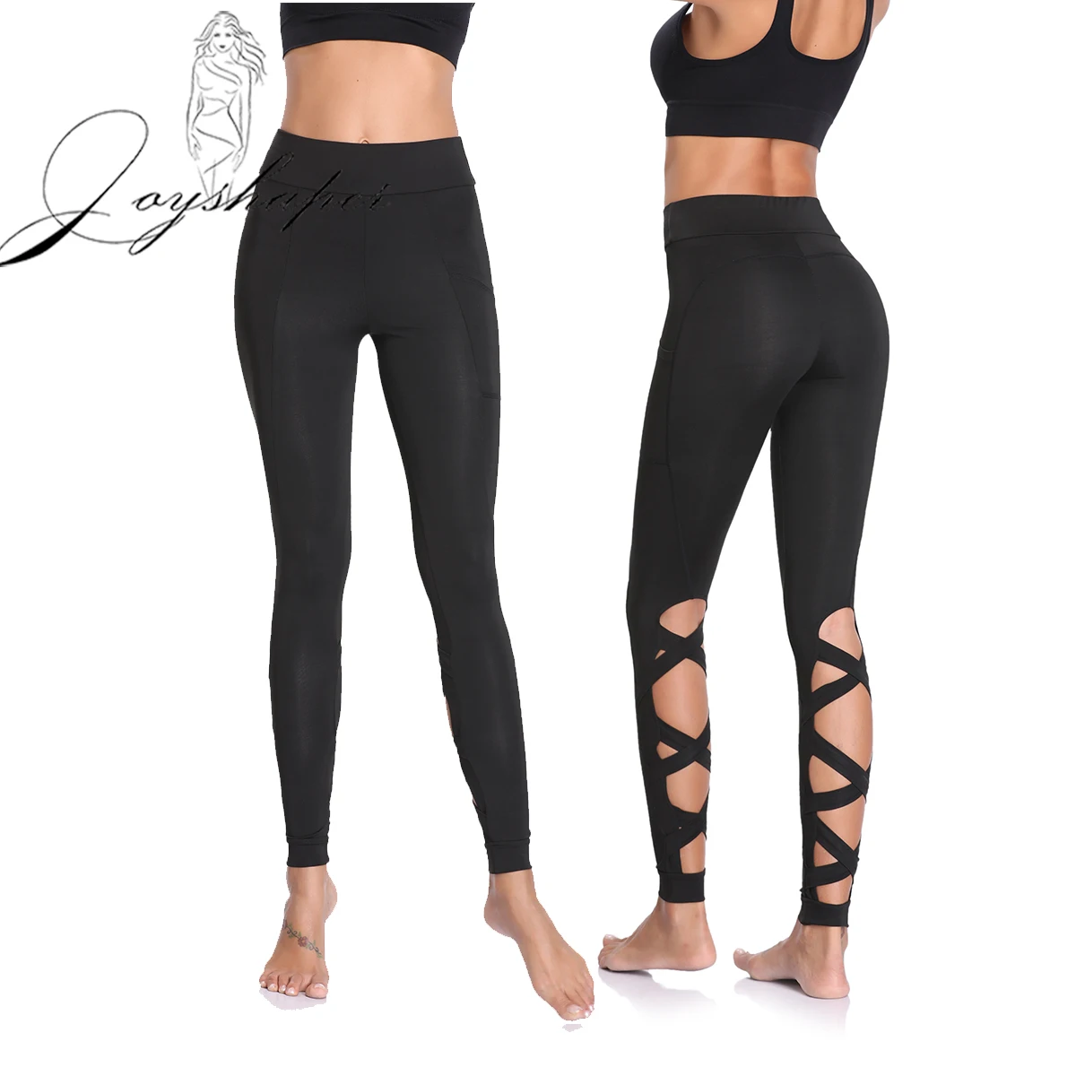 

Joyshaper Cutout Leggings with Pockets Black Hollow Out Legging Fitness Trousers High Waist Capri Pant Workout Running Sport Gym