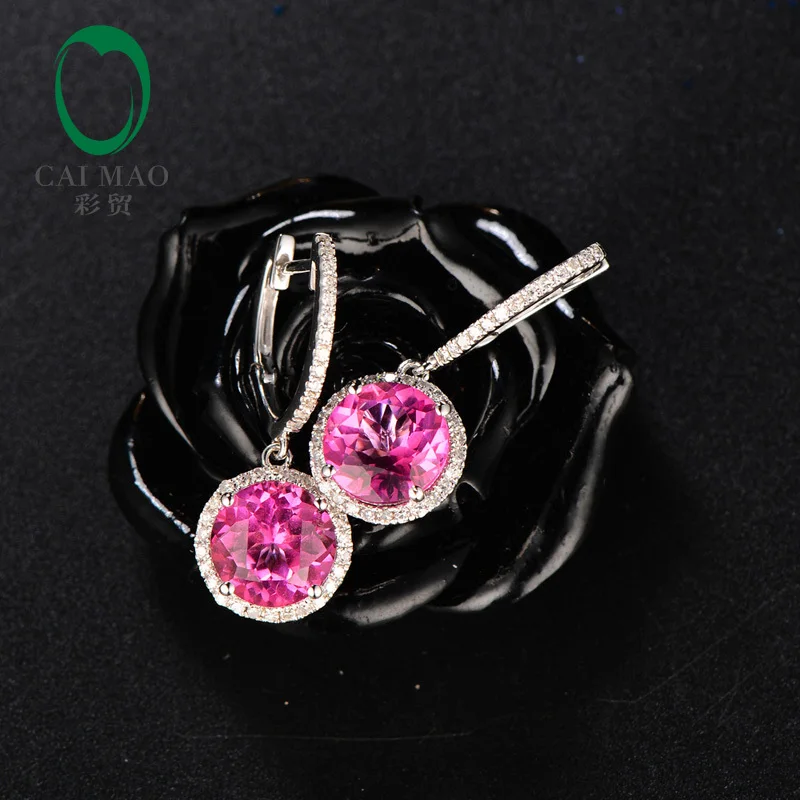 

CaiMao 14KT/585 White Gold 4.95 ct Pink Topaz AAA 0.312 ct Round Cut Diamond Engagement Earrings Jewelry