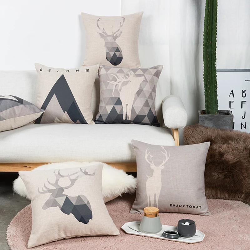 

Wholesales Pillow Cover Grey Nordico Style Gemoetric Triangle Deer Cushion Cover Home Decorative Pillow Case 45x45cm