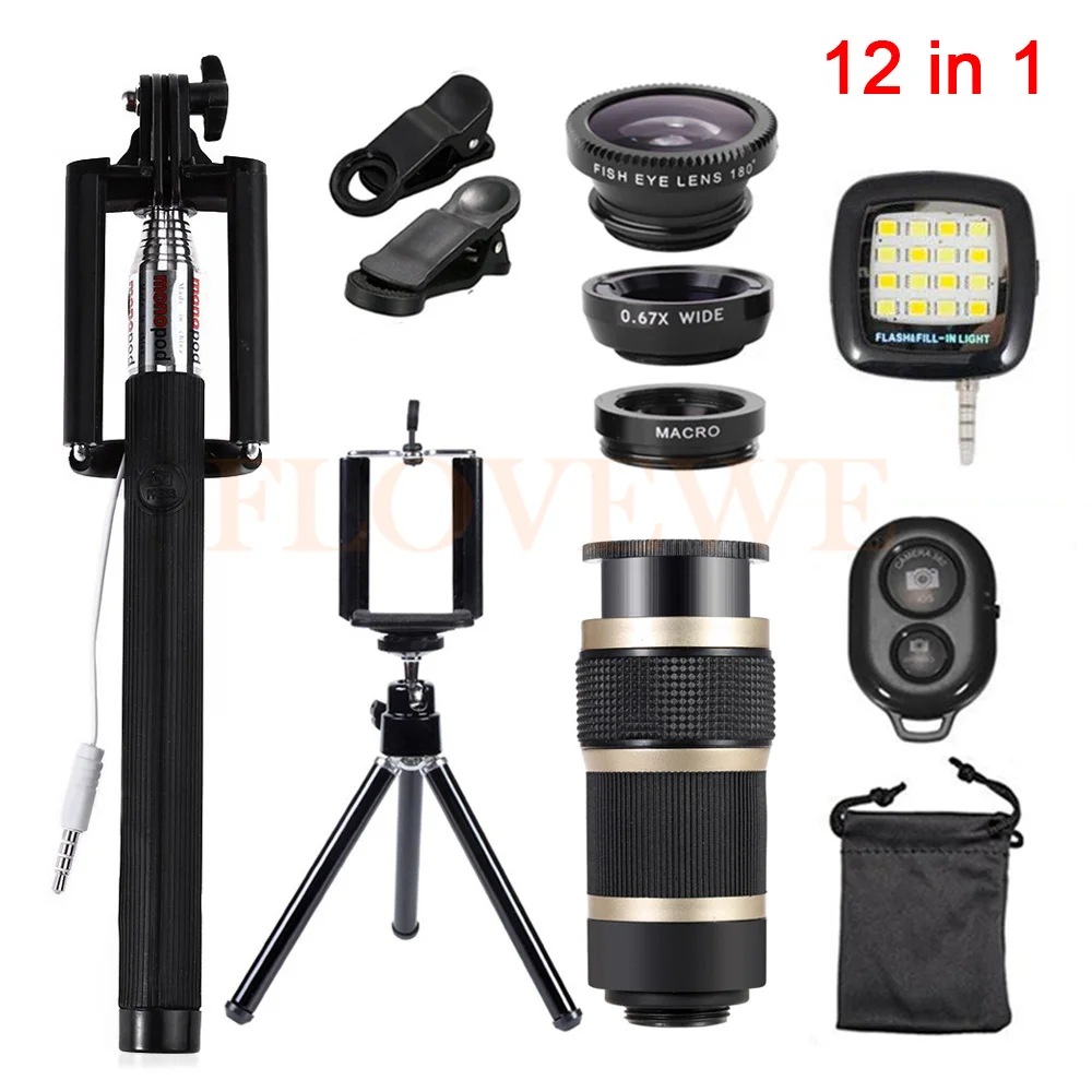 imágenes para 12in1 Kit de Lentes de ojo de Pez Gran Angular Macro Lente de La Cámara 8x lentes de zoom teleobjetivo trípode clips selfie flash de luz para el teléfono celular imágenes para 12in1 Kit de Lentes de ojo de Pez Gran Angular Macro Lente de La Cámara 8x lentes de zoom teleobjetivo trípode clips selfie flash de luz para el teléfono celular