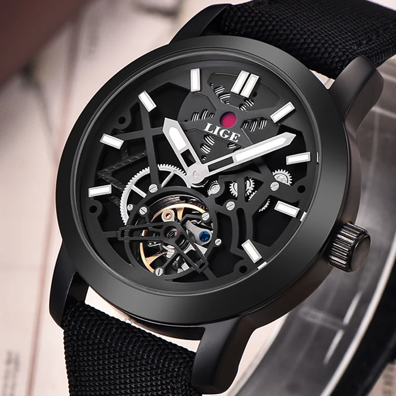 

LIGE Brand Men's watches Fashion Casual Automatic Watch Men Waterproof Military Wrist watches Man Canvas strap Black Clock