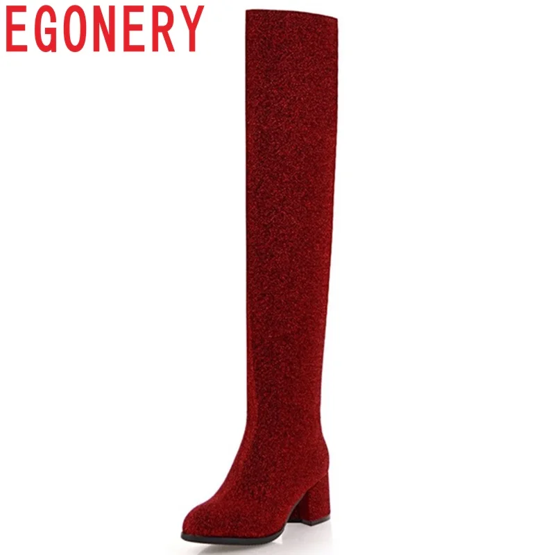 

EGONERY newest popular sequined cloth winter women plush warm pointed toe high hoof heels slip-on platform over the knee boots