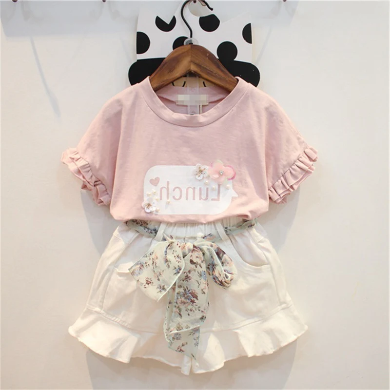 

Summer 2019 Children kid's For girls sweet ruffles cute short sleeve t-shirt+ Floral belt shorts 2 pcs Clothes Set C2637
