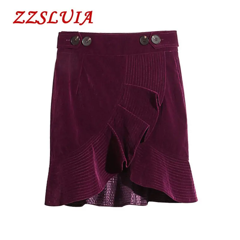 

High quality new arrival fashion solid color ruffles design buttons slim mini velvet fishtail women skirts QD690