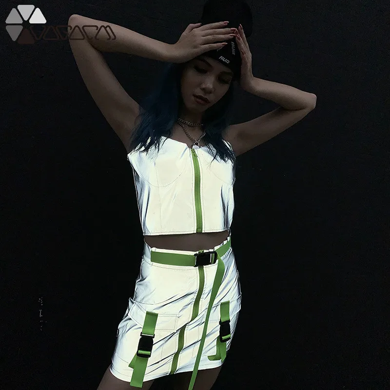 

2019 Women Fashion Reflective Two Pieces Set Zipper Sashes With Pockets Skirts Camisole Top Outfit Sold Separately Club Outfits