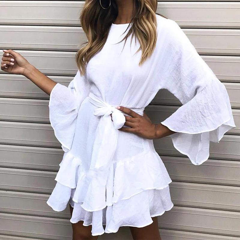 2019 الربيع الصيف الشاطئ لطيف زائد حجم مرونة الانتظار النساء مصغرة خمر فساتين مثير مضيئة كم Cascding فستان مكشكش M0405