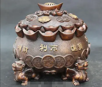 

11" Chinese Bronze Gilt Wealth Money YuanBao Incense burner censer Statue