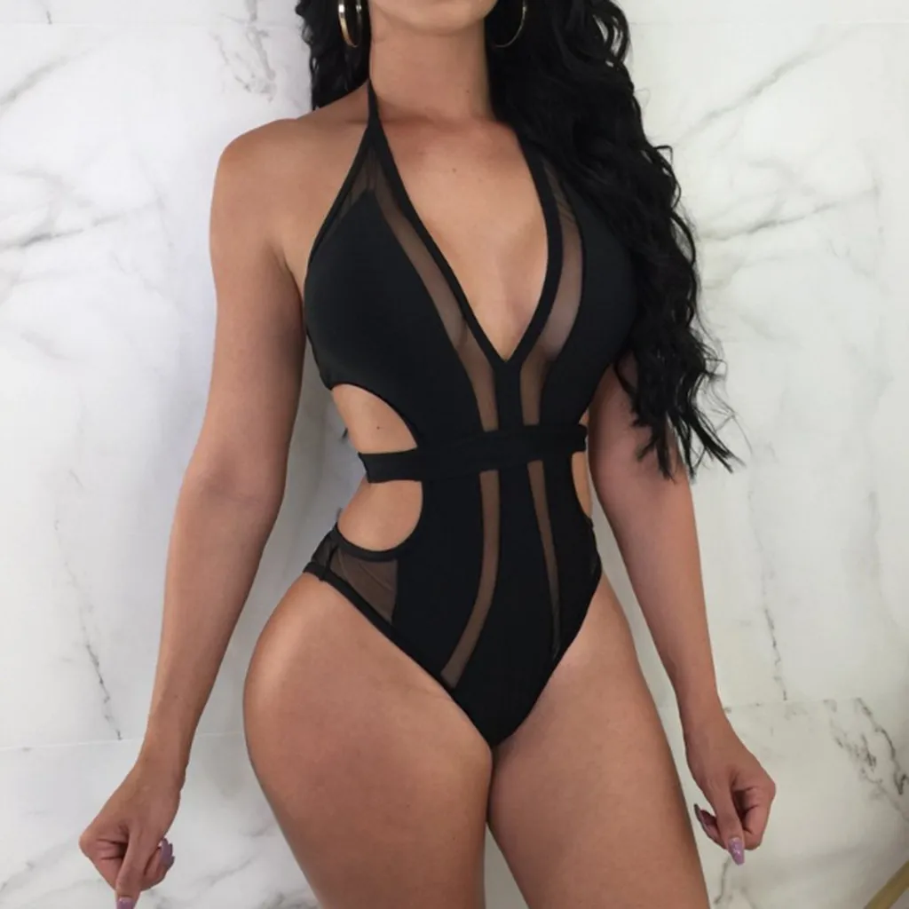 

Sexy Hollow Out One-Piece Swimsuit Solid Gauze Swimwear Patchwork Bathing Suit Women Padded Swim Suit Biquinis Feminino 2019