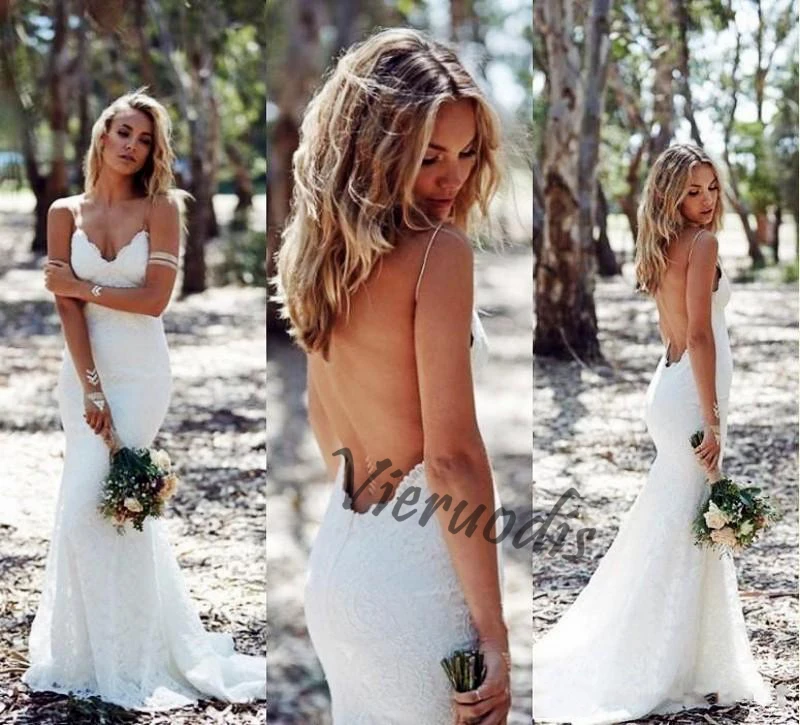 18-1                 2016 Backless Wedding Dresses Mermaid Spaghetti Strap Sexy Full Lace Wedding Dress Cheap Sweep Low Back BOHO White Bridal Dress