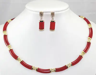 

QW808 Noblest ! Red Ruby Necklace Earrings Set>^^>18K gold plated watch Quartz stone CZ crystal