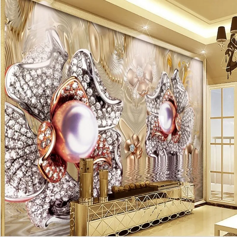 

beibehang Large custom wallpaper 3D stereoscopic luxury jewelry in the water reflection background wall TV wall decoration