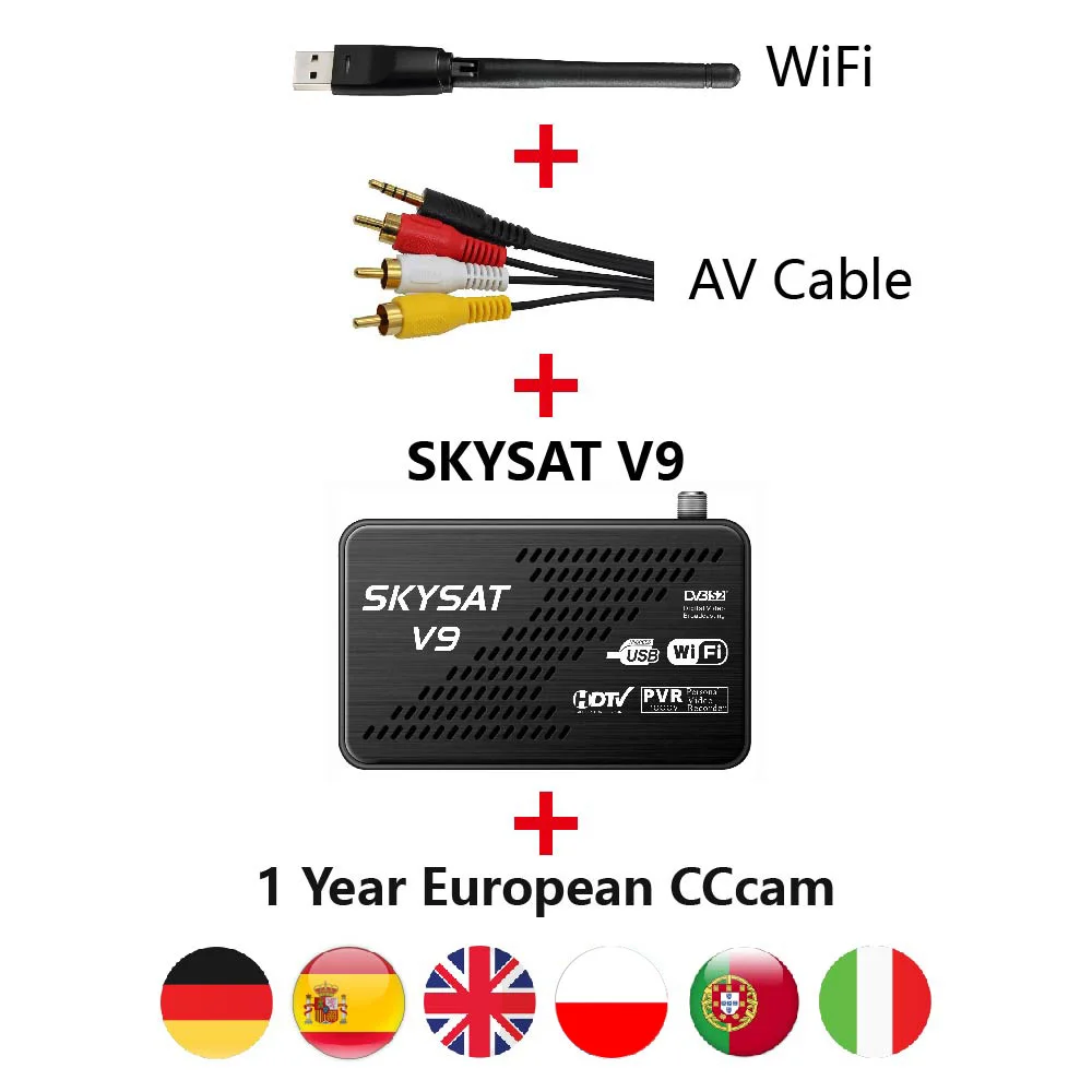 Мини DVB-S2 приемник SKYSAT V9 с CS CCCamd для Европы Германия Испании Великобритании Поддержка Wi-Fi 3g Powervu Biss Youtube - Цвет: V9 AV WIFI