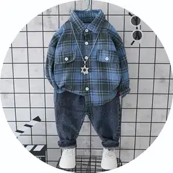 Коллекция 2019 года, Осенние рубашки в клетку с карманами и воротником с лацканами для маленьких девочек топы + повседневные джинсовые брюки