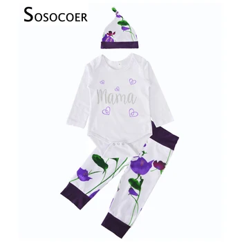 

SOSOCOER Baby Girl Clothing Set Long Sleeve Heart Mama Romper+Flower Pant+Floral Hat 3pcs Fashion Kids Girls Clothes Outfit Sets