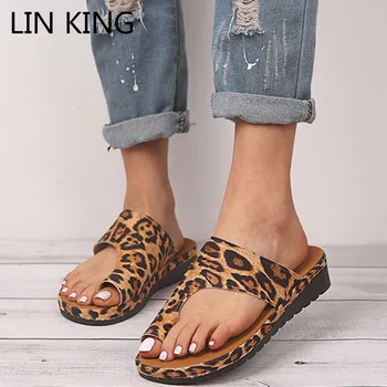 

LIN KING Big Size Wedges Women Leather Slippers Solid Outdoor Casual Slides Non Slip Ladies Beach Shoes Feet Correct Sandals