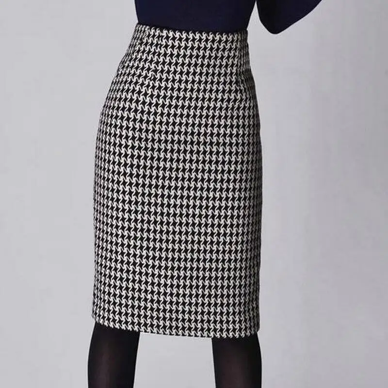 Fashion Women Spring Autumn Winter Houndstooth Skirt Slim Fit Formal Skirt Ladies Elegant High