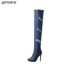 QZYERAI autumn and winter the ladies are high heel denim over knees boots European sexy womens shoes high heels and womens boots