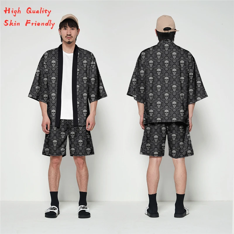 

2019 Summer Fashion Men Japanese Kimono Cardigan Skull Printed Jacket Harajuku Streetwear Blouse Shirt Traditional Asian Clothes