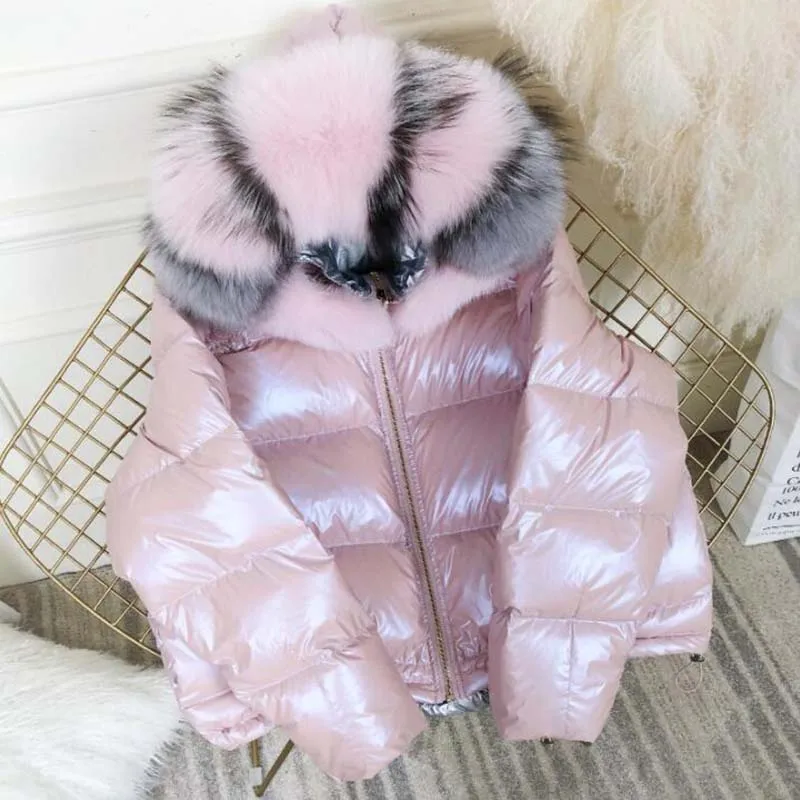 

Women Winter Down Jacket Fox Fur Big Fur Collar Double-Sided Wearing Coat Sequins Silver Short Thick Duck Down Coat Parka