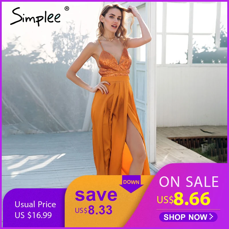 Simplee Pailletten strap langes kleid frauen Sexy backless lace up party kleid Elegante split satin sommer kleid weibliche vestidos 2018 Online
