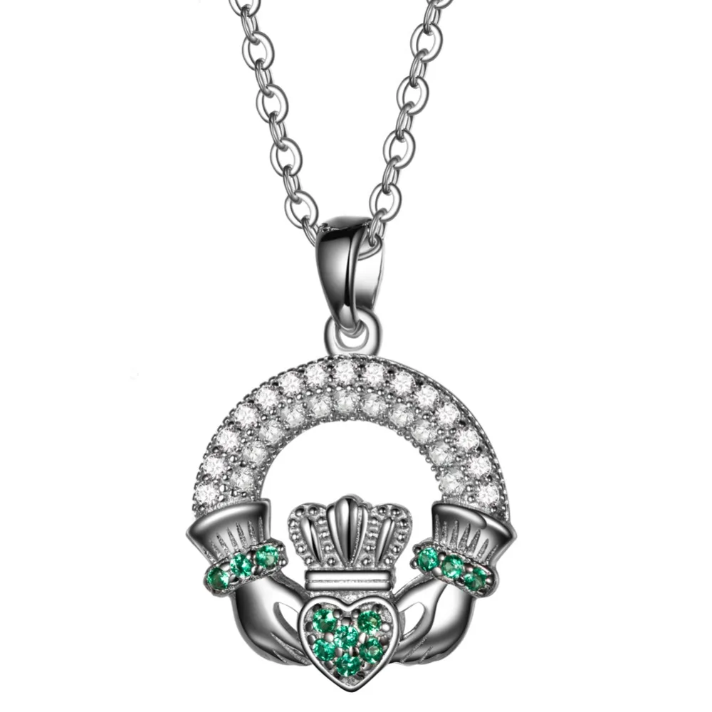 Sterling Silver Green CZ Heart Claddagh Pendant