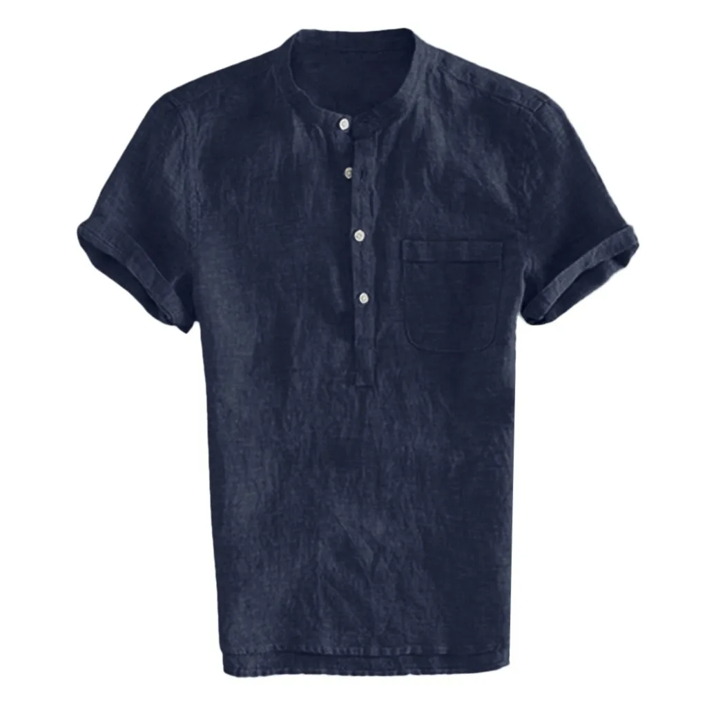 Shirt Men Summer Short-Sleeved Baggy Cotton Linen Solid Button Beach Shirts A17