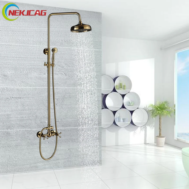 

Shower Faucets Gold Bathroom Rainfall Shower Faucet Set Wall Mounted Bath Shower Head Mixer TapWith Hand Sprayer