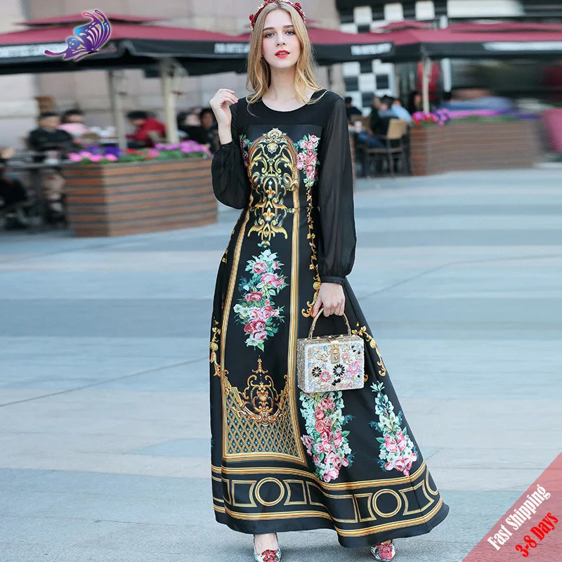High Quality 2017 Spring Maxi Dress Women's Long Translucent Sleeve Flower Floral Printed Vintage Long Dress Free Fast Express long-floral-maxi