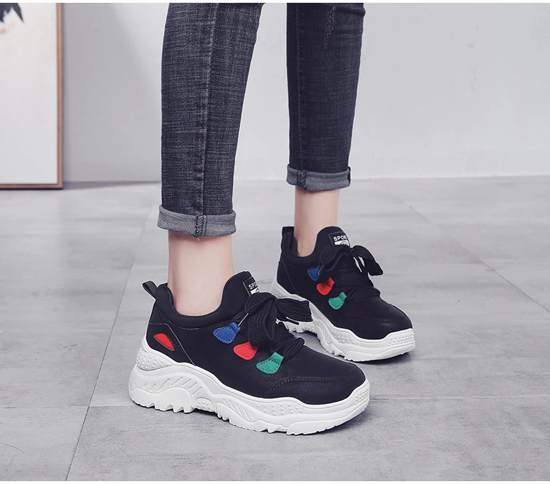 Women's Casual Shoes' Sneaker Dad Shoes Woman Sneakers Leather Black Lace-Up Flat Platform Sneakers Women Dad Shoes Big Size 8 (6)