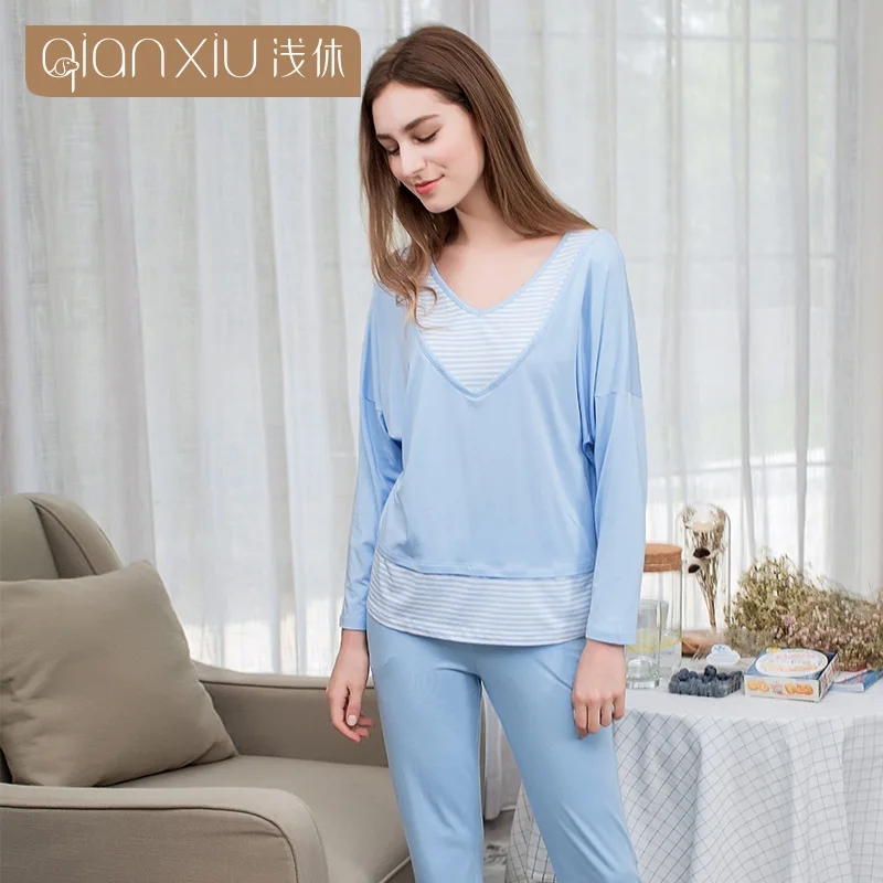 Qianxiu cotton pajama set Women Contrast Color lounge wear Patchwork V neck Sleepwear Modal
