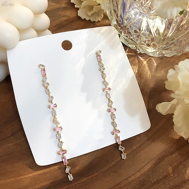 

AOMU Fashion S925 Sterling Silver Pin Color Pink Zircon Metal Gold Long Drop Earrings for Women Dangle Gifts Wedding Jewelry