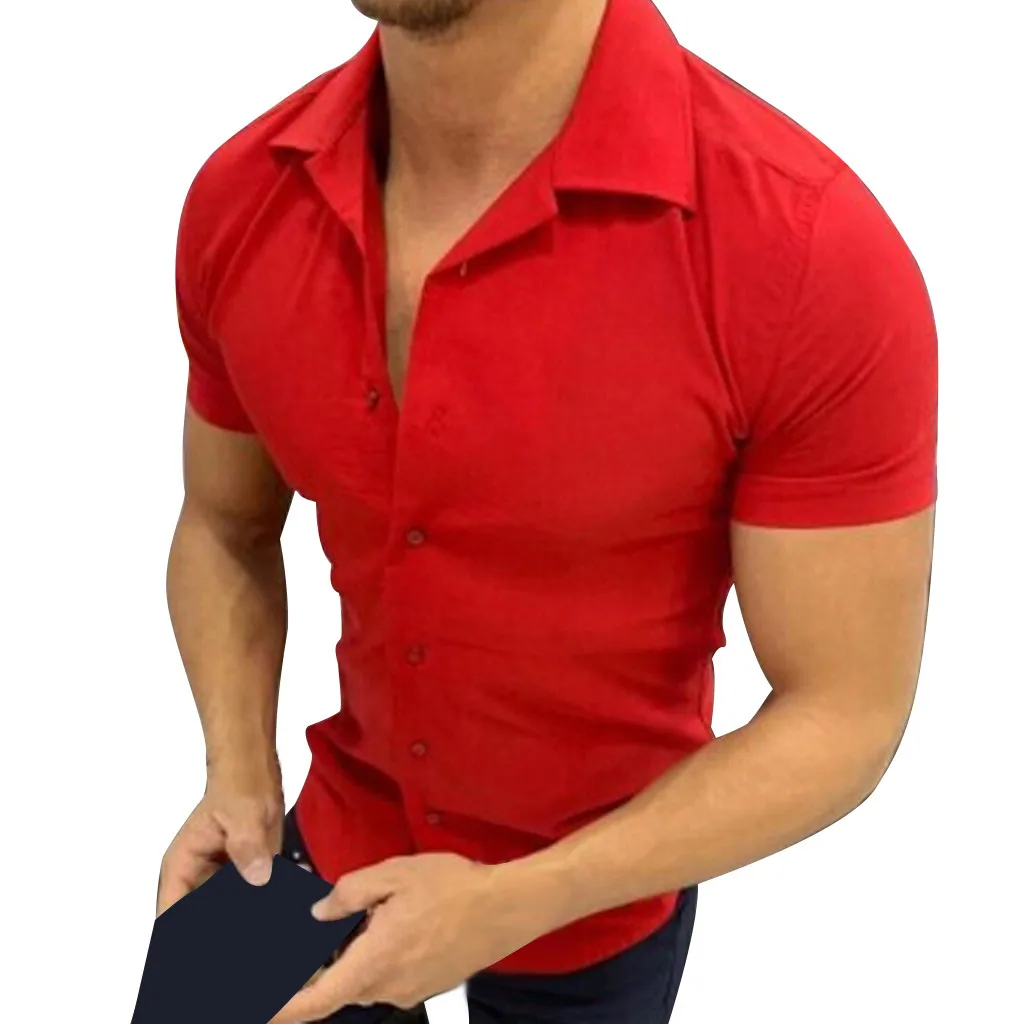 

Men Pure Color Button Splicing Pattern Casual Lapel Short Sleeve Shirt Slim Fit Male Social Business Dress Shirt Breathable Tops