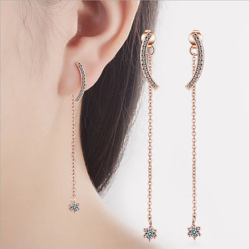 

KOFSAC New Charm Rose Gold Stud Earrings For Women Shiny Zircon Sweet Temperament Long Tassel Ear Line Earring Jewelry Brincos