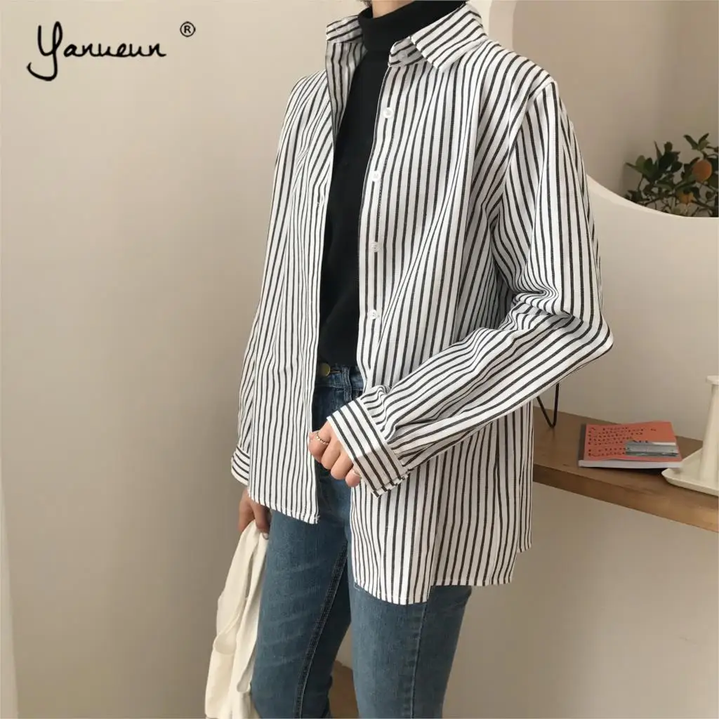 

Yanueun Womens Fashion Striped Shirts Turn Down Collar Casual Long Sleeve Basic Tops For Ladies Spring Autumn