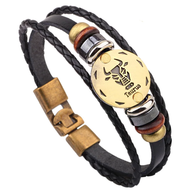 

12 Zodiac Sign Horoscope Leather Bracelet For Men Vintage Retro Charm Men's Bracelet Male Jewelry 2018 Gifts