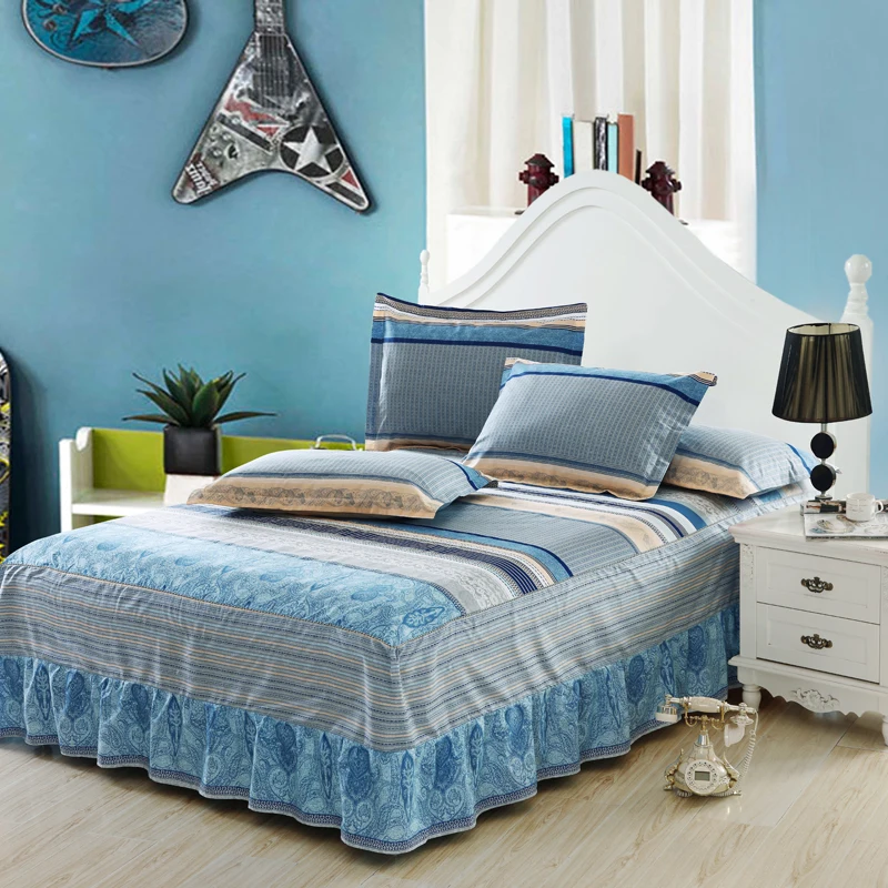 Blue grey striped bed skirt single bedding set mattress protective