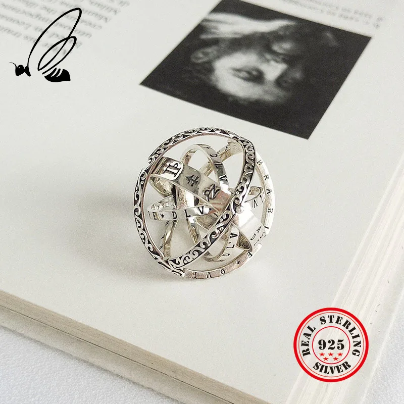 

100% 925 Sterling Silver Astronomical Sphere Ball Ring Cosmic Rotating Women Men Finger Couple Boho Vintage Jewelry Bague Femme