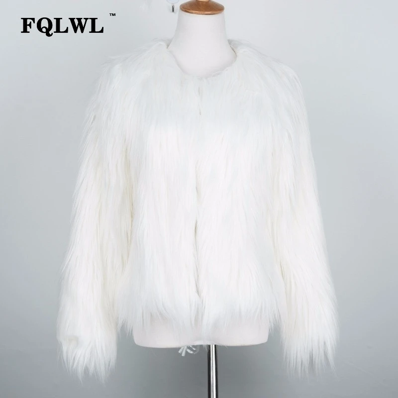 FQLWL, теплое пальто из искусственного меха, Женская куртка размера плюс, черное, белое, розовое, плюшевое пальто, женская красочная зимняя, осенняя, мохнатая верхняя одежда - Цвет: Белый