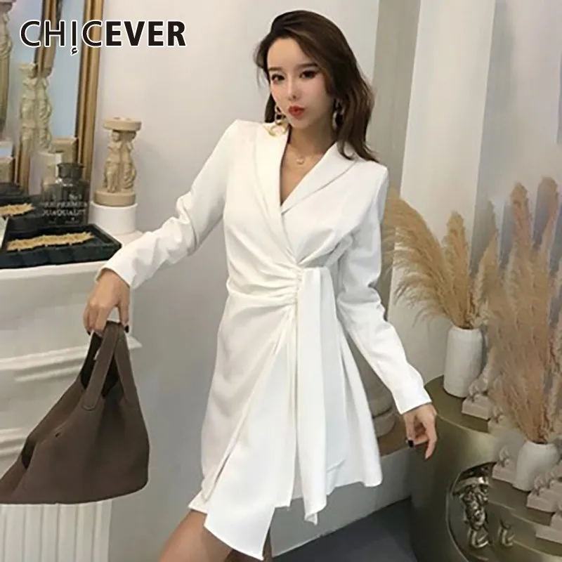 

CHICEVER Korean Solid Dress Women Notched Collar Long Sleeve Slim Mini Hem Asymmetrical Dresses Female Fashion New 2019 Summer