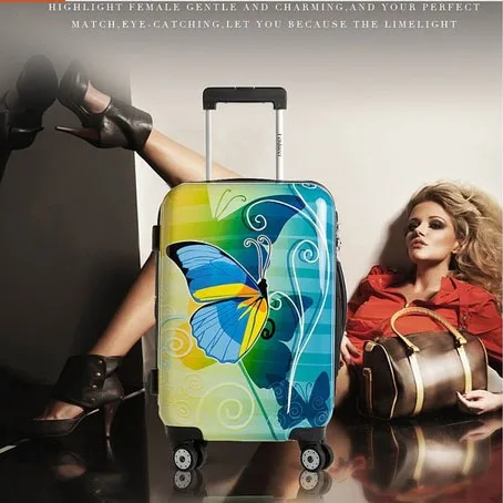 

28"  Blue butterfly trolley suitcase luggage boarding bag traveller case Pull Rod trunk boarding bag with rolling spinner wheels