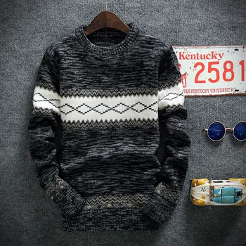 

YASUGUOJI New 2019 Fashion Contrast Color Round Collar Knitted Sweater Men O-Neck Pullover Men Christmas Sweater Pull Homme
