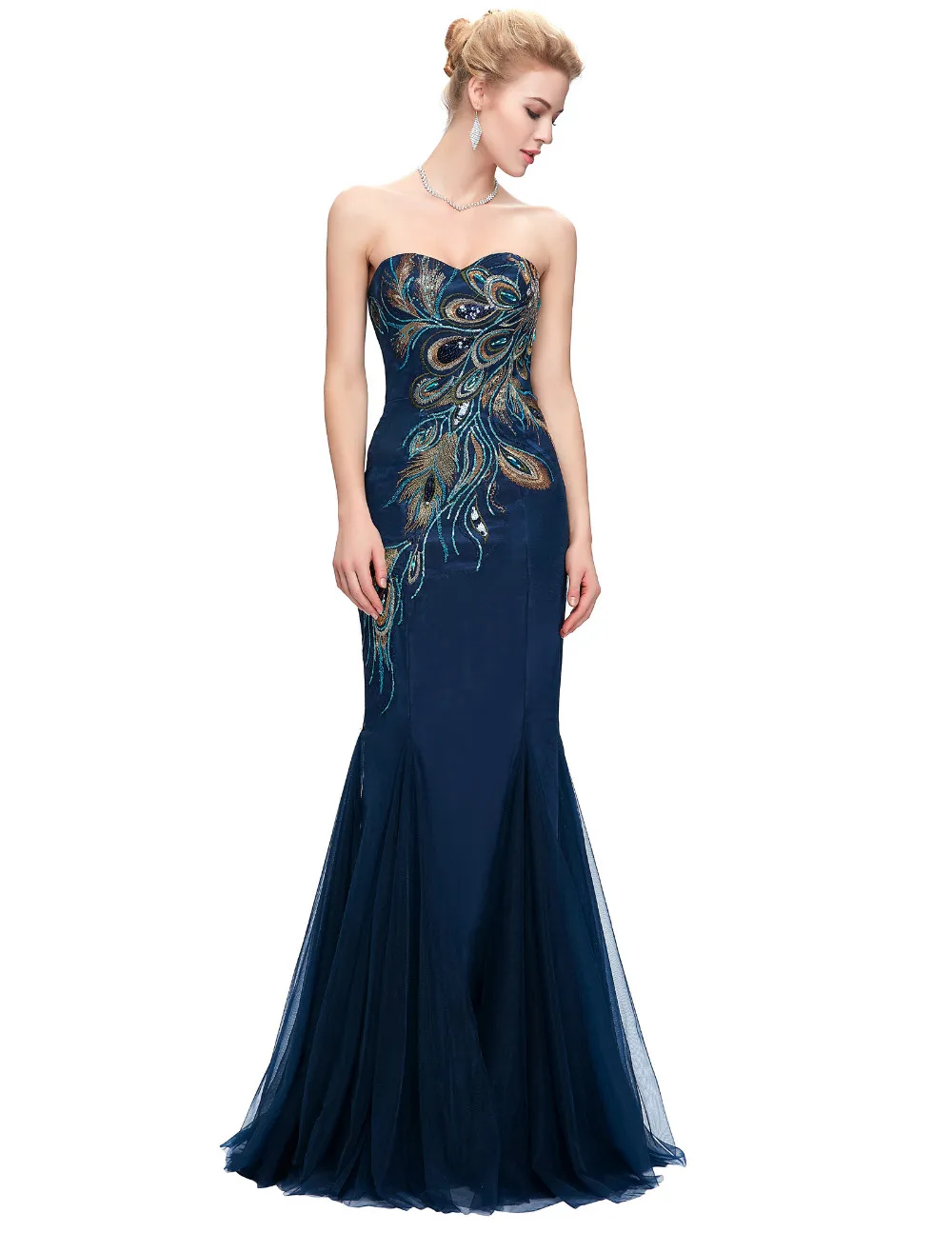 Elegant Peacock Strapless Long Mermaid Bridesmaid Dress - Uniqistic.com